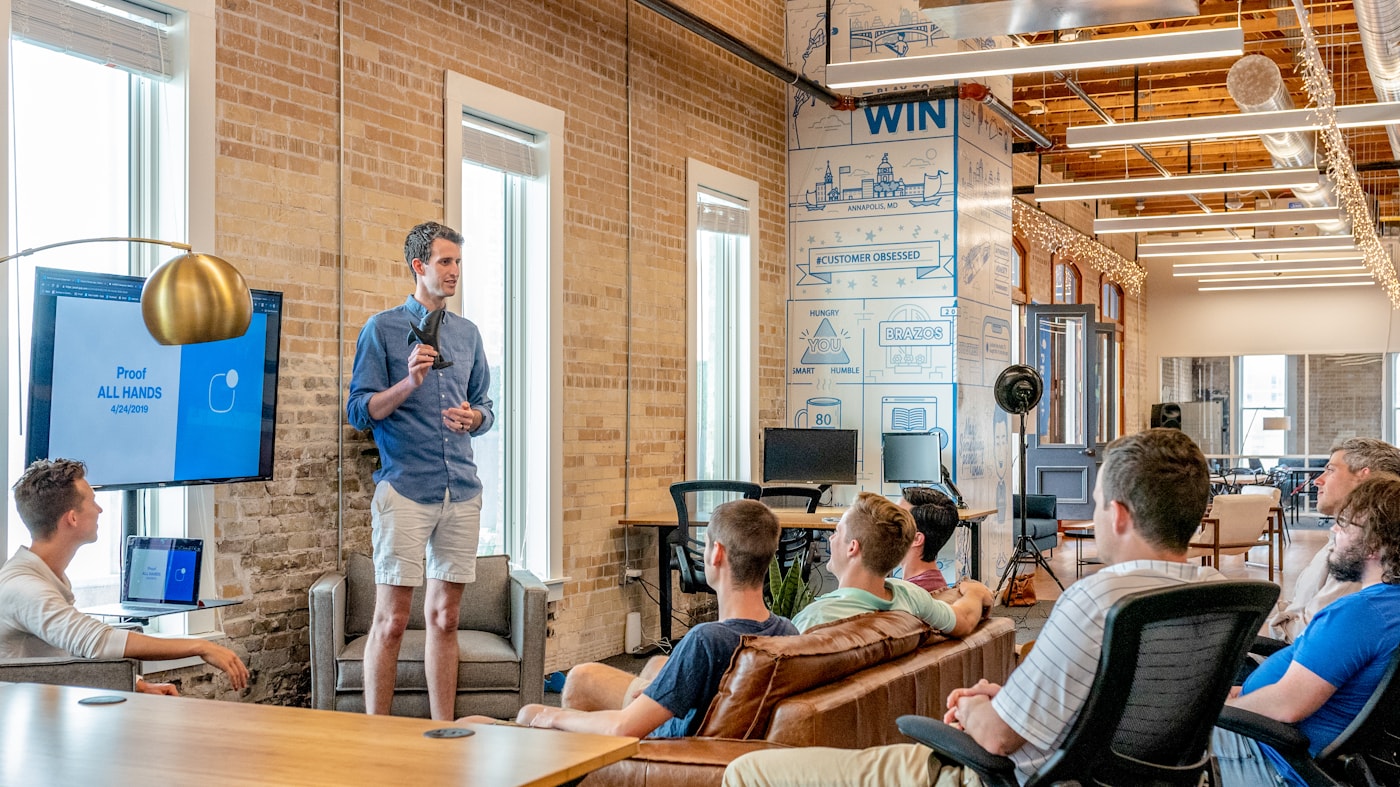 Team collaborating in an office meeting